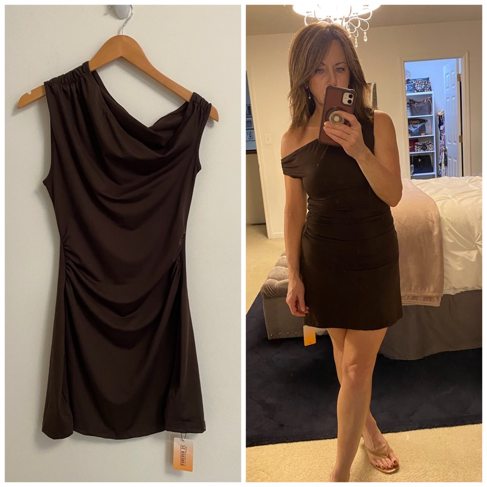 NWT Asymmetrical One-Shoulder Brown Ruched Mini Dress SMALL